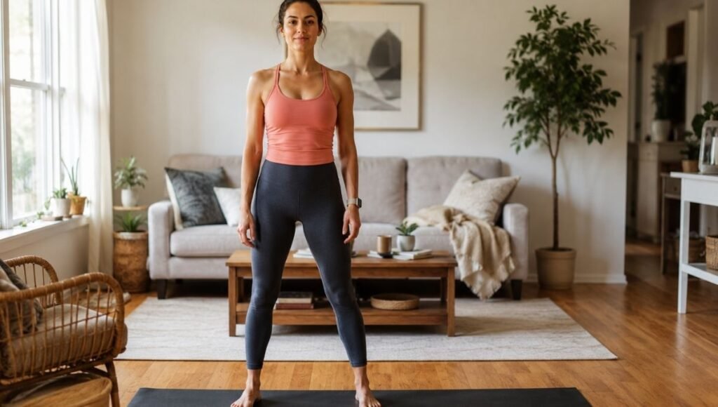 Woman following beginner workout plan for women at home with no equipment needed