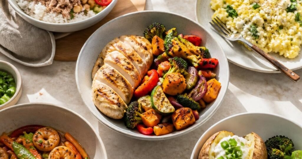 Easy low calorie meals with chicken, vegetables, rice, eggs, and yogurt