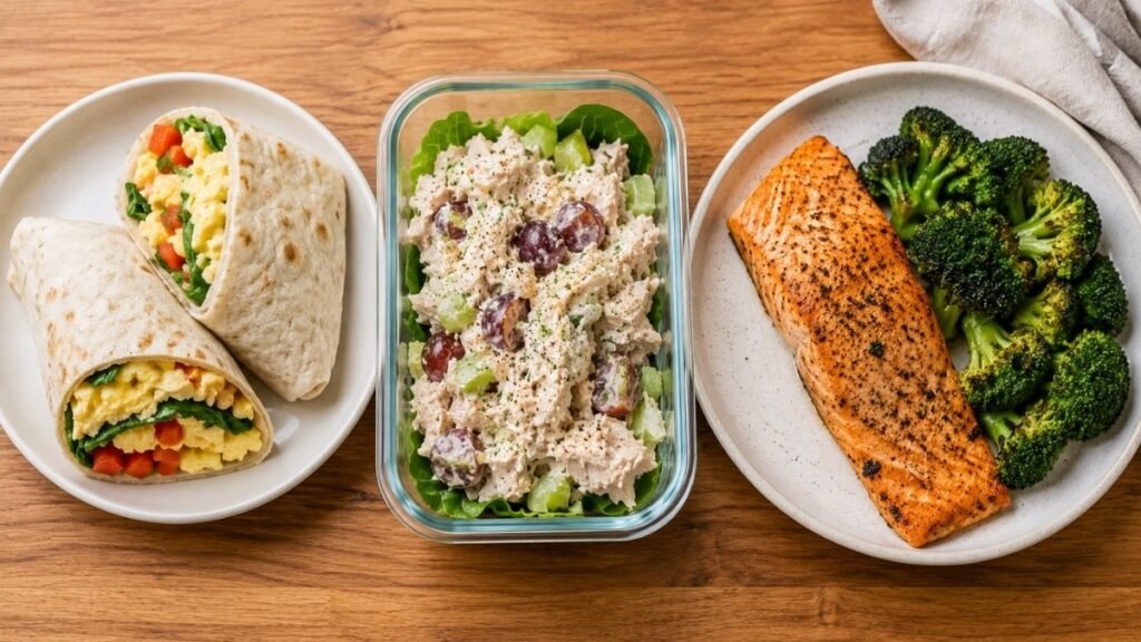 Full day of high protein low calorie meals showing breakfast lunch and dinner for weight loss