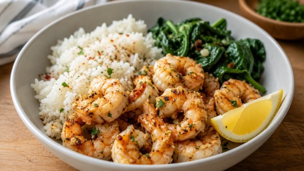 High protein low calorie foods including chicken breast, shrimp, eggs, and Greek yogurt on kitchen counter