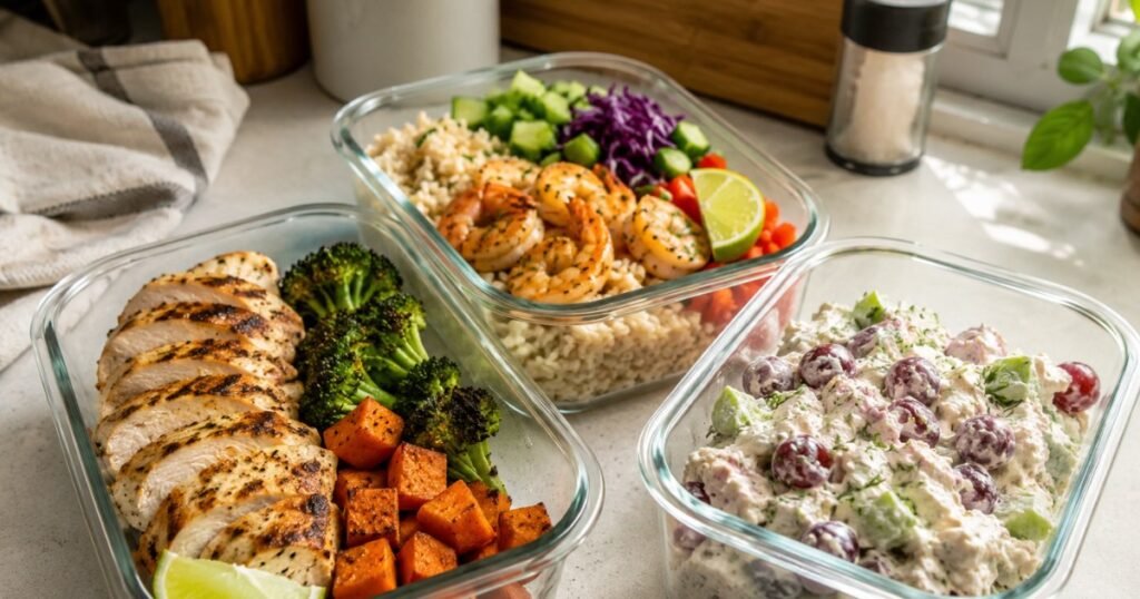 High protein low calorie meal prep containers with chicken and vegetables for weight loss