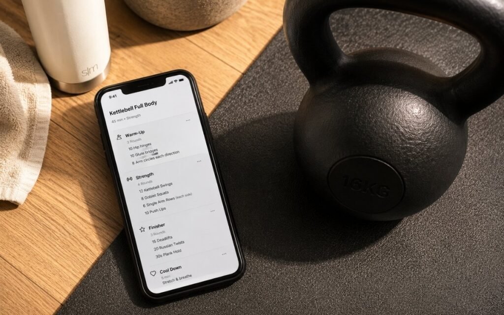 Person reviewing 3-day kettlebell workout plan at home next to kettlebell