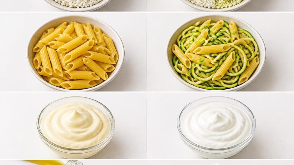 Low calorie food swaps including Greek yogurt, cauliflower rice, and zucchini noodles