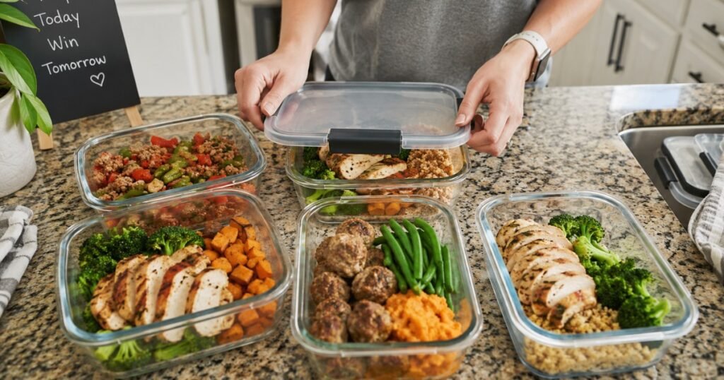 Weekly meal prep for weight loss with organized food containers on kitchen counter