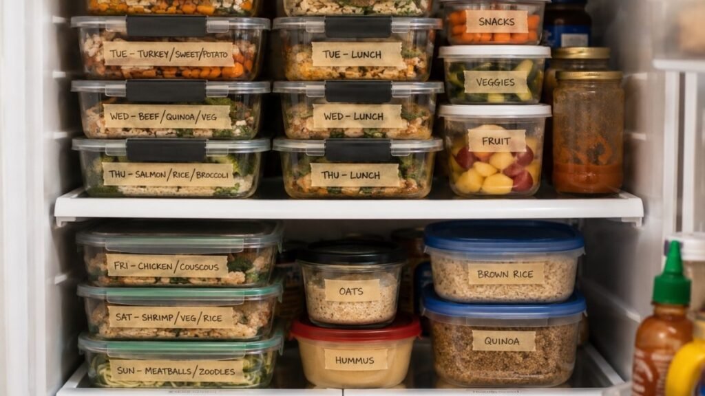 Organized meal prep containers stored in refrigerator showing proper food storage for weekly meal prep