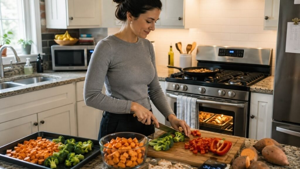 Person cooking multiple dishes simultaneously during Sunday meal prep for the week at home