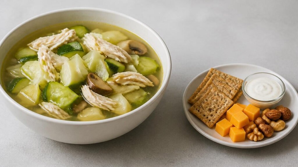 Volume eating comparison showing a large vegetable meal and a small calorie-dense snack