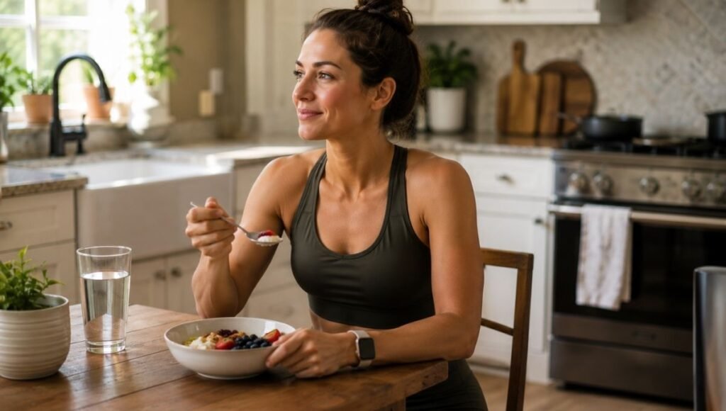 Woman over 30 completing home workout and eating protein-rich meal for recovery and fitness