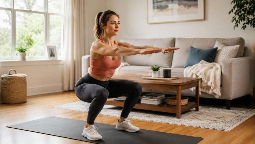 Woman doing bodyweight squat showing strength training for women without getting bulky at home